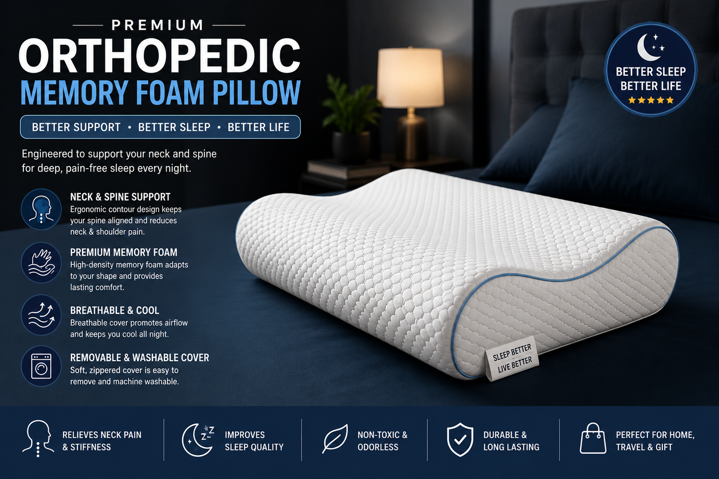 Memory Foam Solid Orthopaedic  Pillow White