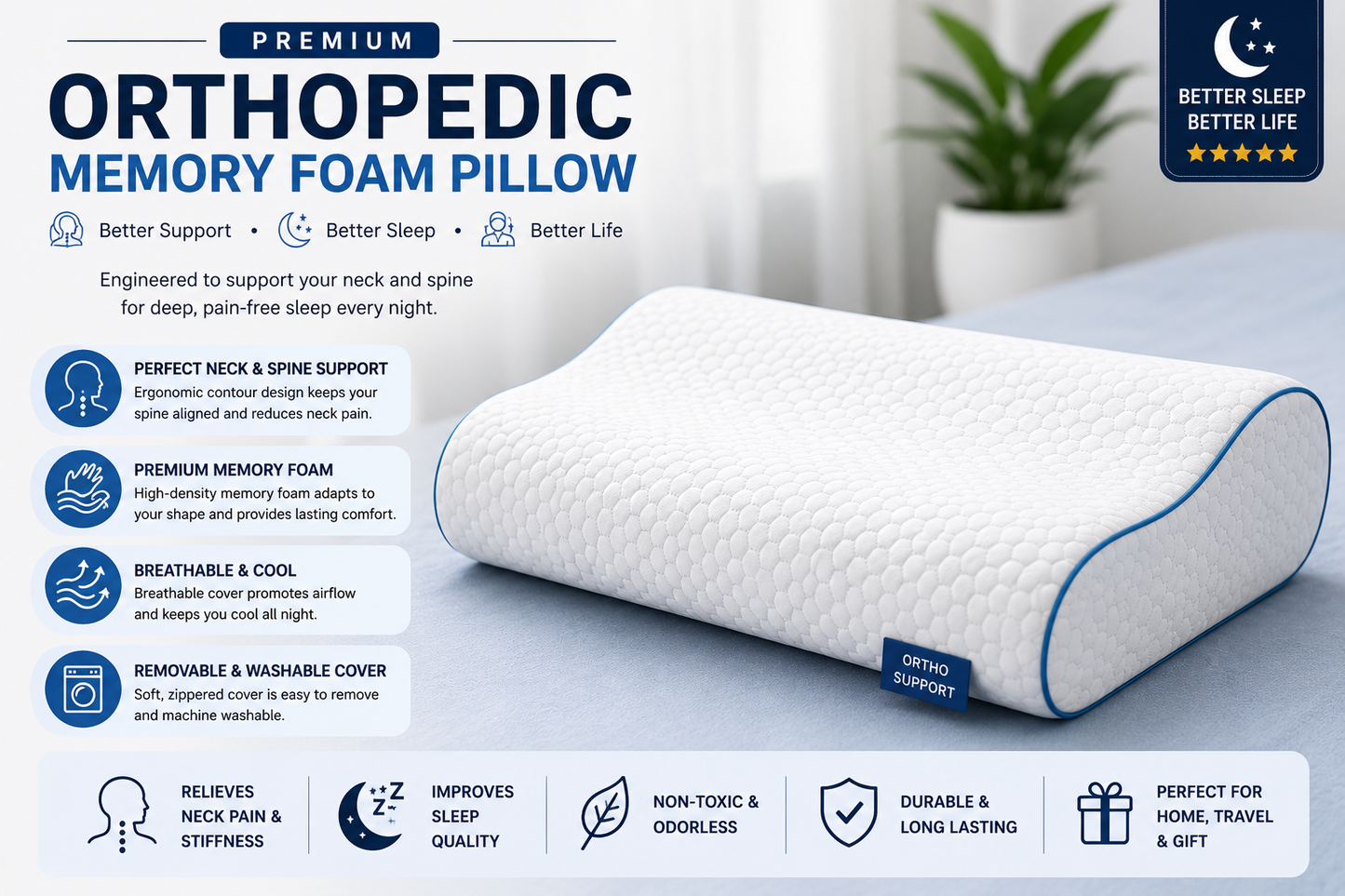Memory Foam Solid Orthopaedic  Pillow White